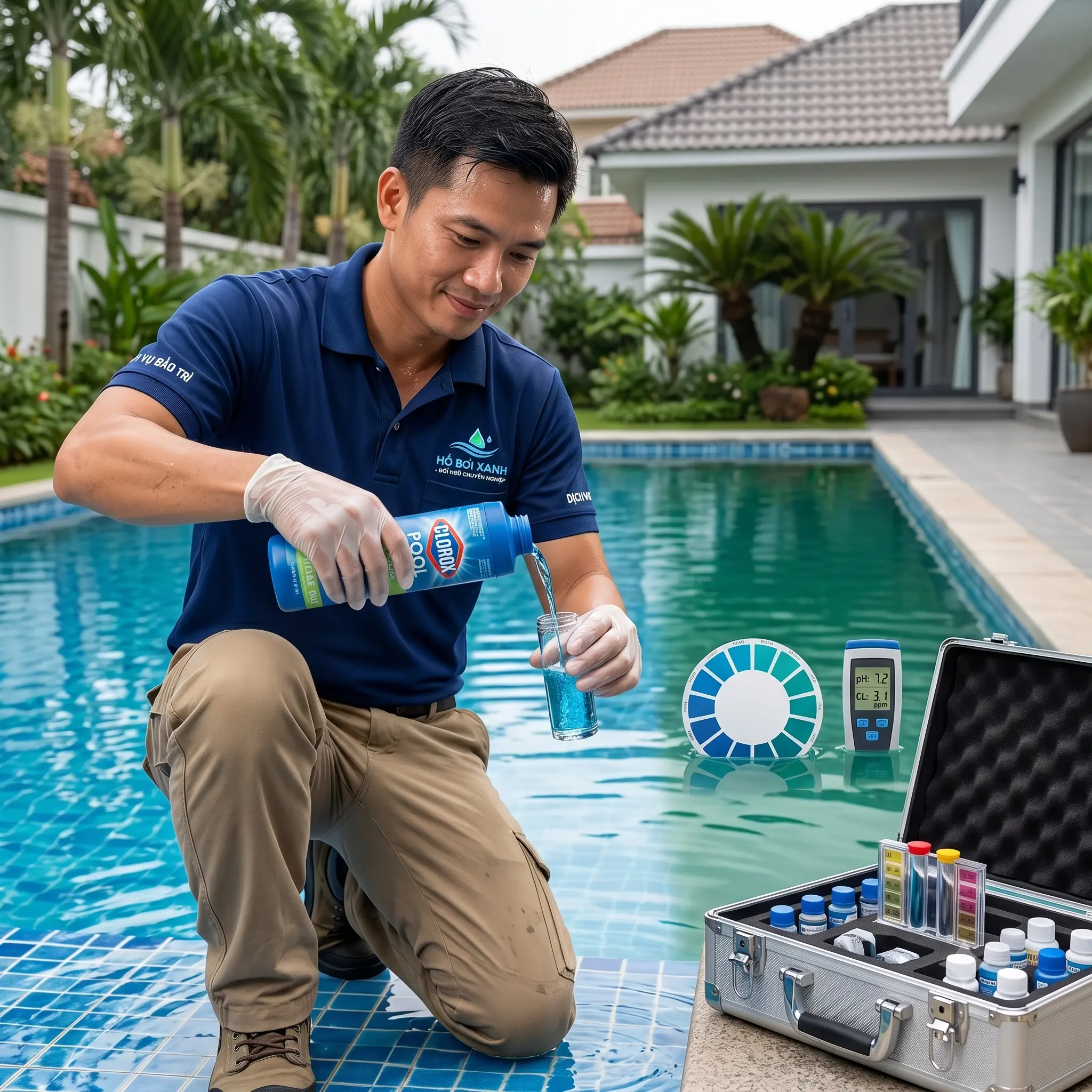 xử lý hồ bơi bị rêu xanh bằng hóa chất
